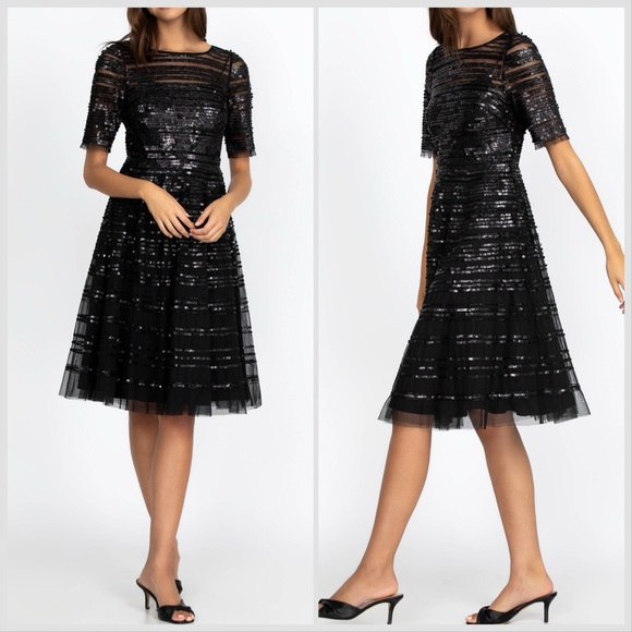 NWT $625 Johnny Was Beaded Sequin Mesh Dress Black Sz 10 - Picture 1 of 13